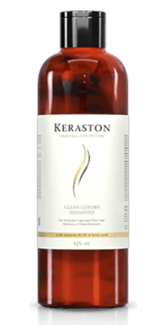Flacone ambrato di shampoo Keraston, etichetta bianca, 125 ml